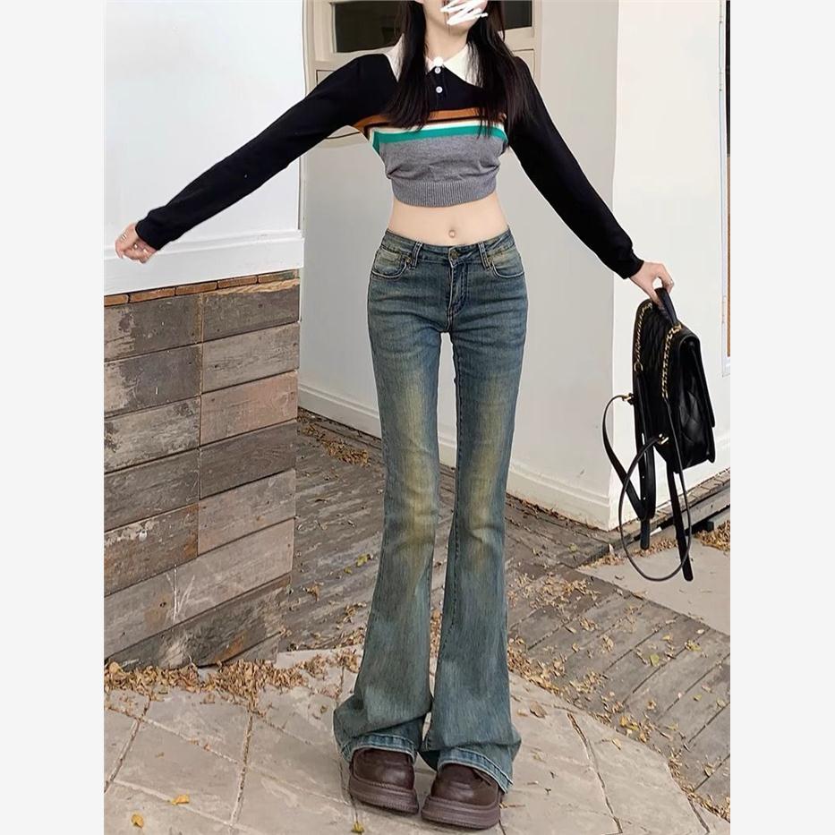 抖音款美式弹力微喇叭牛仔裤女小个子新款辣妹低腰显瘦阔腿弹力马