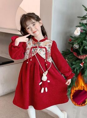 网红款04春新儿中风红色旗袍裙子女宫公裙女童连衣裙22秋款童国小