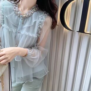 衣衫 超长袖 洋气 名媛22春女仙气质遮肉耳边衬衬雪纺高端05季 网红款