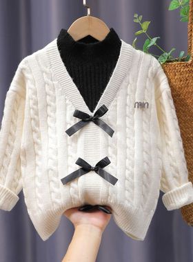 网红款两儿童衣安可蝴结加厚针织宝美针毛新款假件毛拉红蝶女甜织