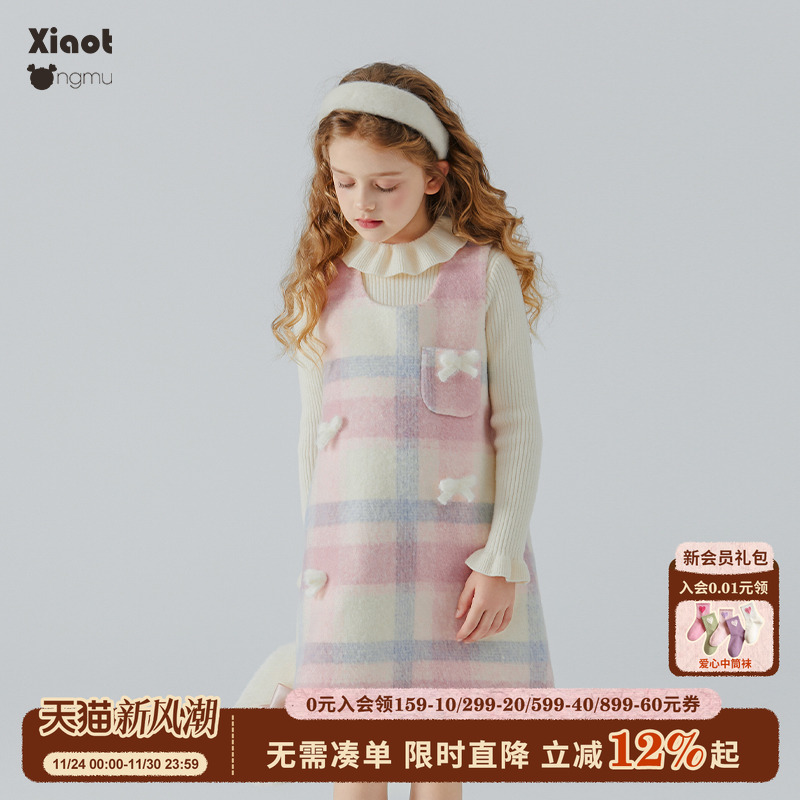 小童木女童甜美冬季格纹连衣裙
