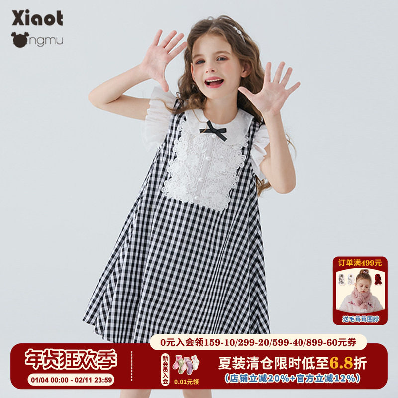 小童木 经典黑白格女童连衣裙2025新款洋气纯棉中大童蕾丝公主裙