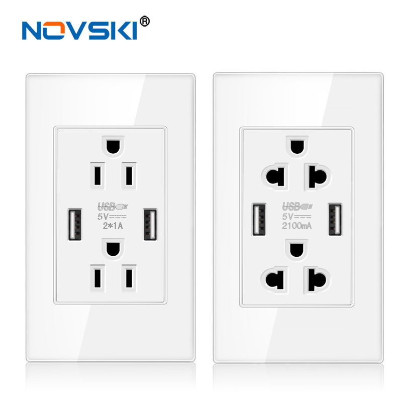 钢化玻璃美国多功能插座双USB电源适配器插座15A美国标准双路插座