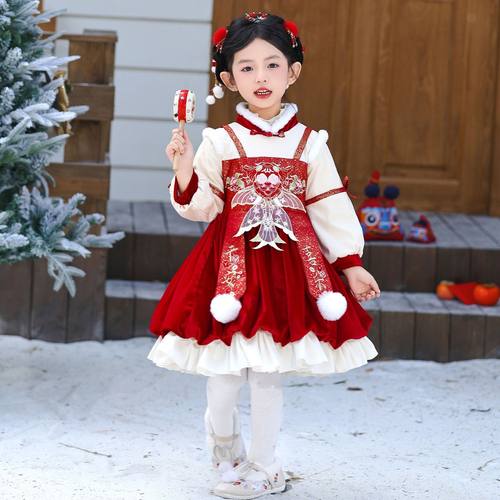 汉服女童拜年服2025新款加绒秋冬装女宝宝连衣裙儿童红色新年衣服