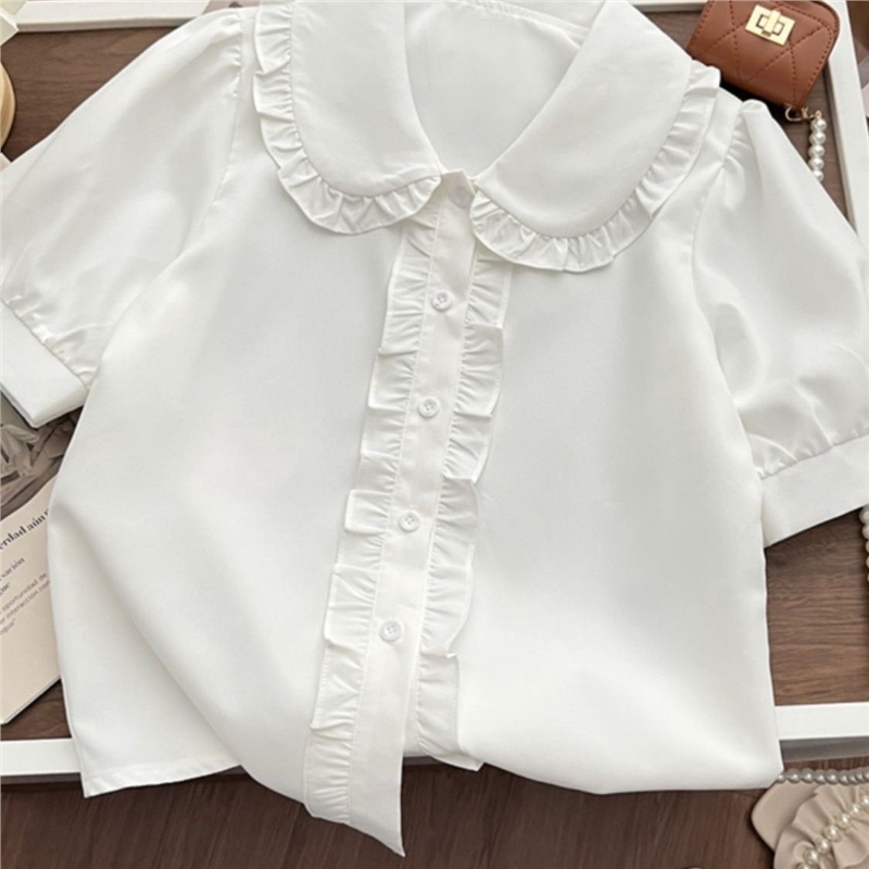 夏季木耳边文艺甜美设计感娃娃领短袖白色衬衫女生小个子宽松上衣