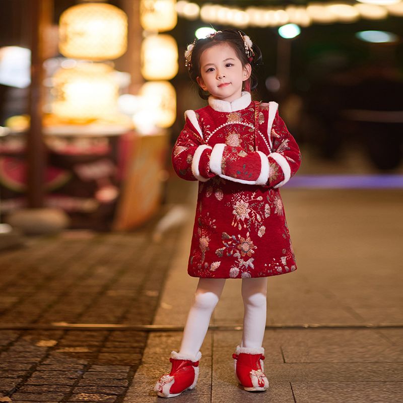 女童马年拜年服中国传统唐装节日旗袍喜庆礼服红色加厚套装拜年服