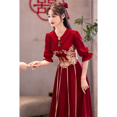 敬酒服新娘女酒红色结婚订婚礼服连衣裙平时可穿回门便装翻领春夏