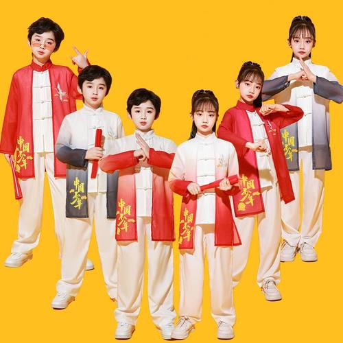 中国风中小学男女青春活力古筝扇子舞武术太极练功服开幕式表演服