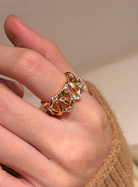 法式镂空环扣宽面戒指女高级