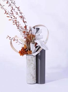 现代简约金属皮革马毛艺术花器花艺花瓶桌面创意摆件酒店样板间