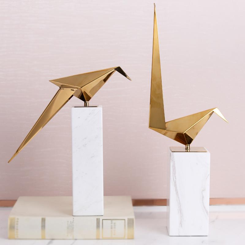 现代简约不锈钢千纸鹤大理石摆件家居工艺品酒店软装装饰品