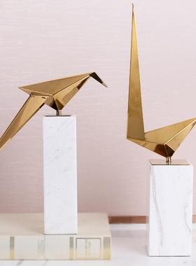 现代简约不锈钢千纸鹤大理石摆件家居工艺品酒店软装装饰品