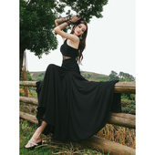 Maison 流行波嬉风斜肩露腰长裙显瘦黑色露背连衣裙 Wester夏季