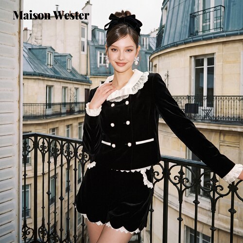 【小怡同学同款】Maison Wester2026年冬季新款黑色丝绒蕾丝外套
