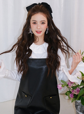 Maison Wester秋季流行黑色亮面A摆甜酷百搭皮面背心裙连衣裙