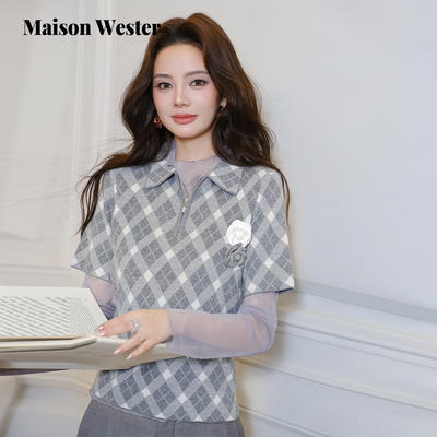 Maison Wester2025年秋季新品灰格纹短袖Polo领翻领立体花上衣女