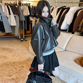 Wester2025年冬季 新品 翻领短款 Maison 皮衣拉链袖 侧贴标外套上衣