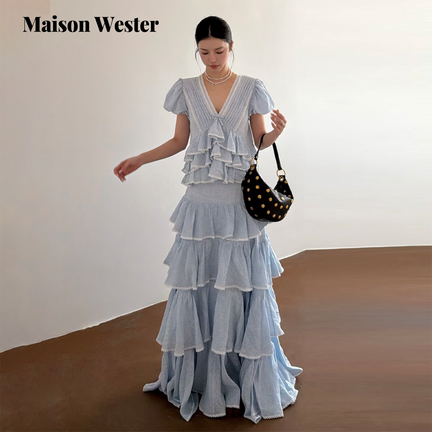【包上恩同款】Maison Wester2026春新品小清新蓝白格子上衣半裙