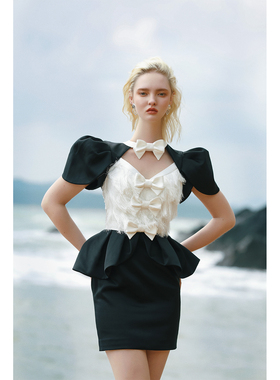 Maison Wester春季官方流行女士黑色缎拼白蝴蝶结女连衣裙