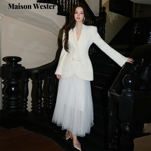 千金风翻领西装 新品 腰带气质蝴蝶结外套女 Wester2025冬季 Maison