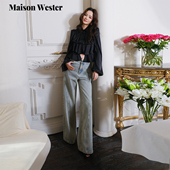 Wester2025秋季 新品 做旧裤 Maison 子浅蓝灰牛仔女士直筒阔腿裤 女