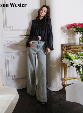 Maison Wester2025秋季新品做旧裤子浅蓝灰牛仔女士直筒阔腿裤女