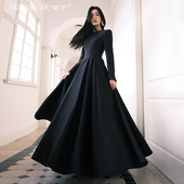 流行黑色圆领长袖 Maison Wester夏季 正肩长裙收腰显瘦连衣裙