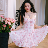 Maison Wester夏季 女士粉色碎花鱼骨收腰吊带裙连衣裙可露丽穿搭