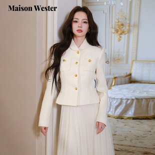 千金风圆领上衣小香风白色圆领短外套 新品 Maison Wester2025冬季
