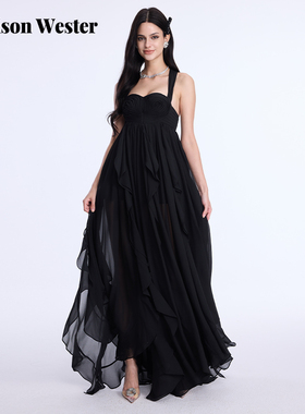 Maison Wester2025夏季新款波嬉风雪纺爱心褶皱挂脖黑色连衣裙