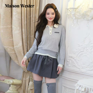 日常休闲简约抽绳灰蓝色蓬蓬A字短裙 新品 Maison Wester2025年秋季