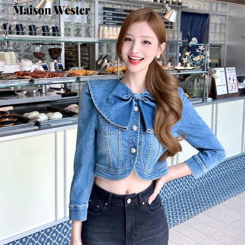 Maison Wester春季新款立体剪裁蝴蝶结设计感短款蓝色牛仔外套