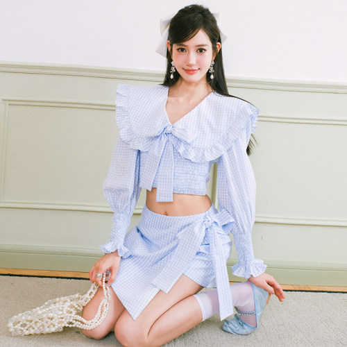 Maison Wester夏季娃娃领木耳边假两件上衣裤子短裤可露丽穿搭