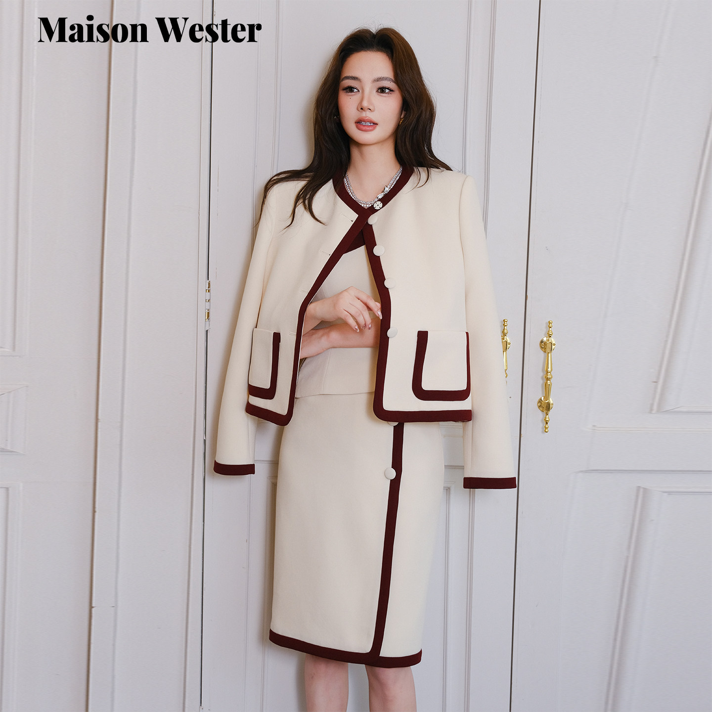Maison Wester春季新款千金风优雅撞色镶边气质西装外套半裙套装