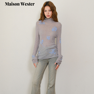 套头衫 Maison 灰色花朵刺绣针织上衣长袖 新品 Wester2025年冬季