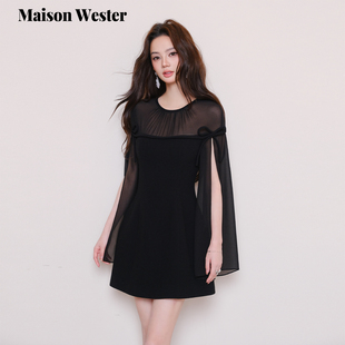 千金风网纱裙子拼接长袖 新品 连衣裙小黑裙 Wester2025冬季 Maison