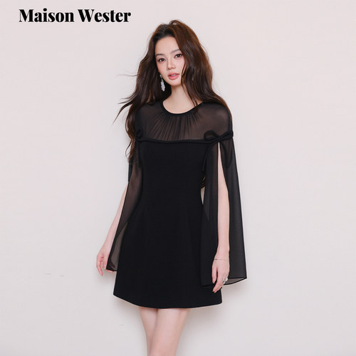 Maison Wester2025冬季新品千金风网纱裙子拼接长袖连衣裙小黑裙