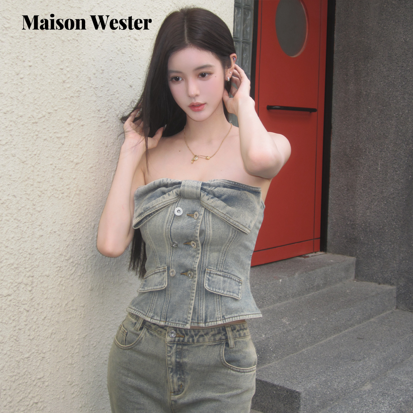 【朱旺旺同款】Maison Wester2025秋新品复古蝴蝶结牛仔抹胸上衣