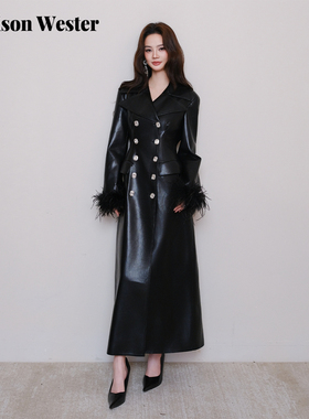 Maison Wester2025冬季新品长款风衣酷黑色鸵鸟毛双排扣PU皮风衣