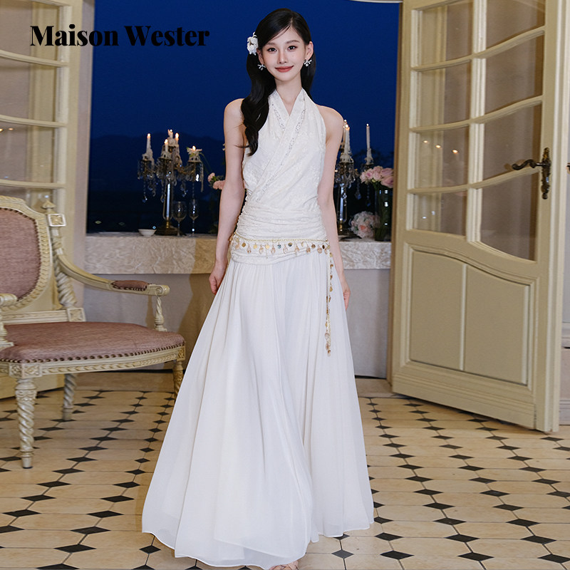 Maison Wester【徐如蓝同款】2025秋季新品波西风挂脖垂褶款长裙