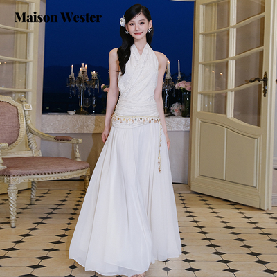 Maison Wester【徐如蓝同款】2025秋季新品波西风挂脖垂褶款长裙