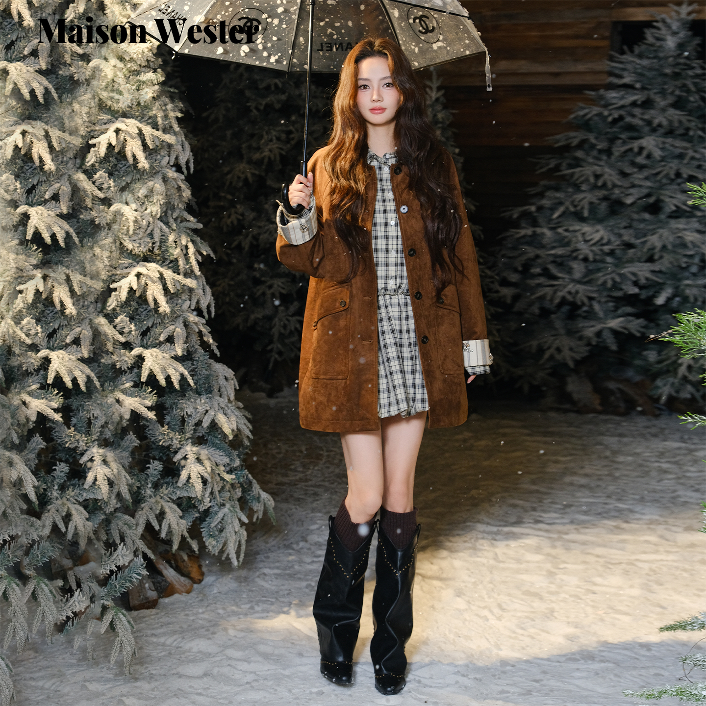 Maison Wester2025年冬季新品棕色皮质翻领条纹袖口中长毛呢外套