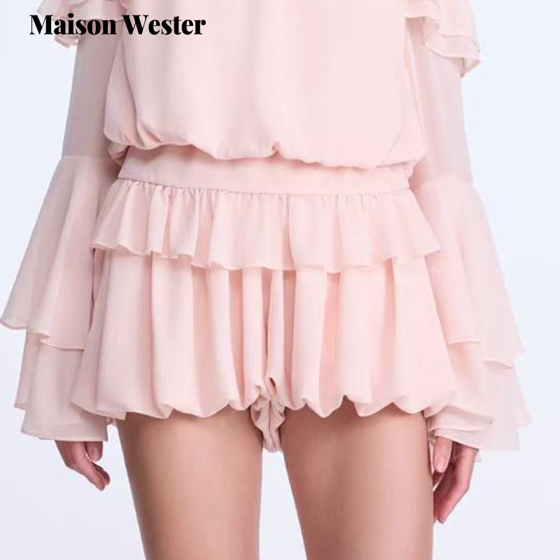 Maison Wester夏季新款时尚日常休闲设计感粉色雪纺轻盈抽褶短裤