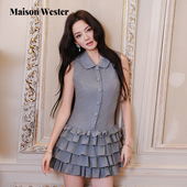 Wester2025夏季 新款 设计感衬衫 Maison 领蛋糕裙摆灰色无袖 连衣裙