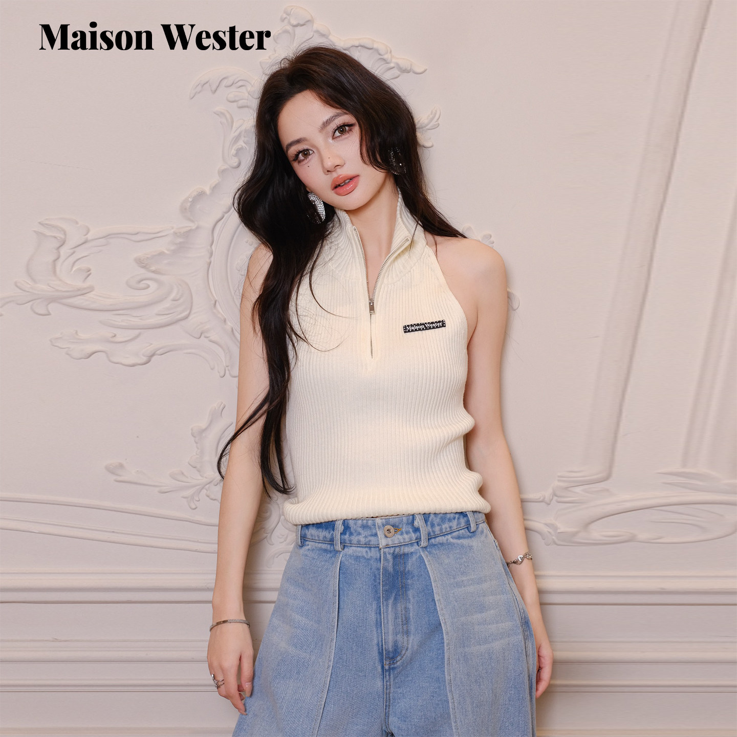 Maison Wester2025年夏季新款简约高领拉链小黑标无袖上衣
