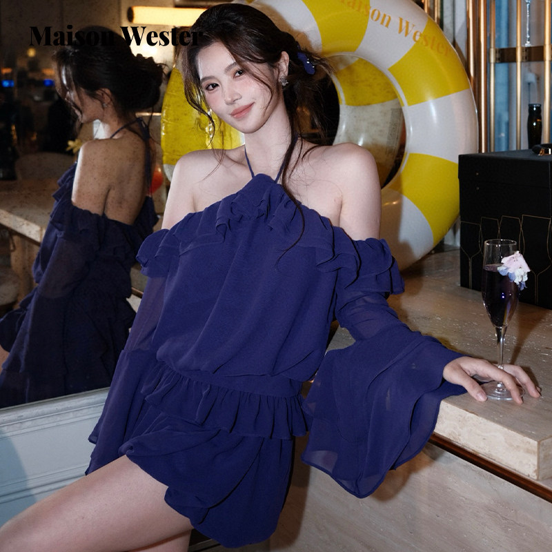 Maison Wester夏季新款时尚优雅女装气质设计感雪纺轻盈挂脖上衣