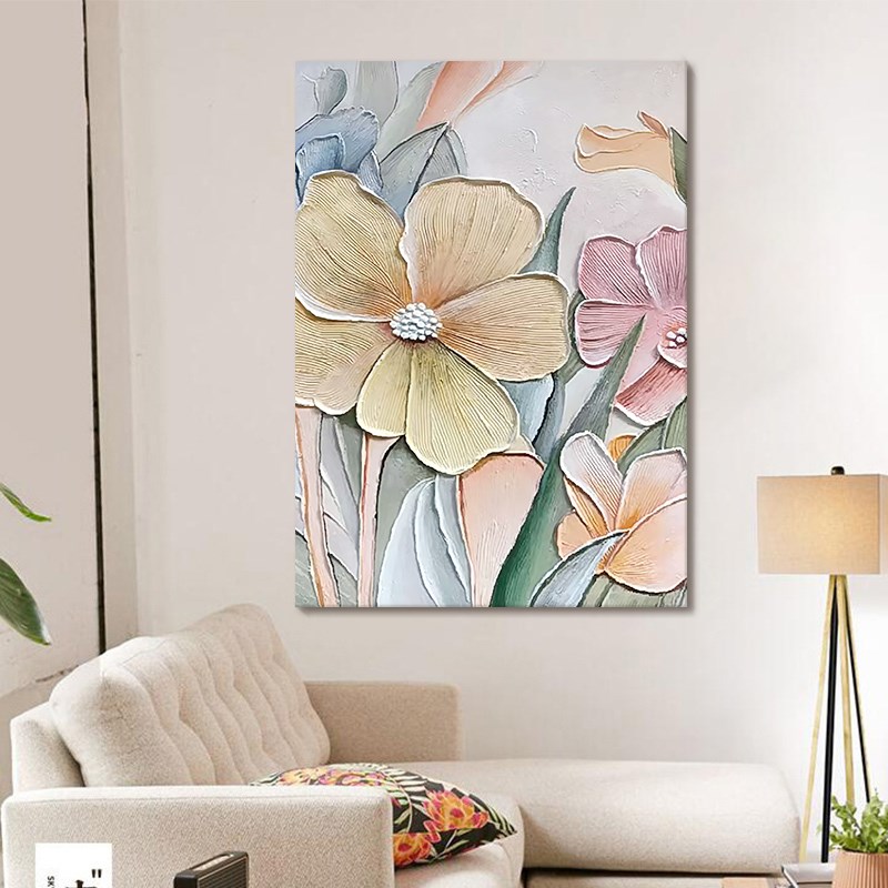 爆款北欧花卉手绘油画奶油v风砂岩花朵装饰画客厅玄关立体无框肌图片
