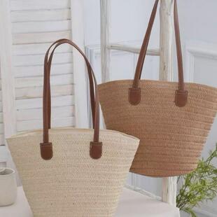 韩里韩气的包包新款单肩大容量手拎时尚包清新简约款草编女士托特