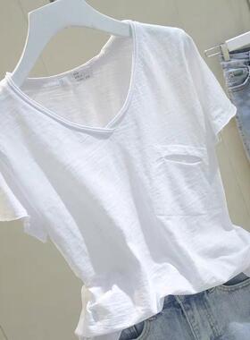 短袖t恤女v领竹节棉半袖上衣白色宽松显瘦大码休闲打底衫夏季新款