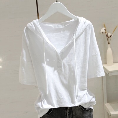 连帽短袖t恤女竹节棉半袖上衣休闲百搭宽松白色打底衫夏季新款潮